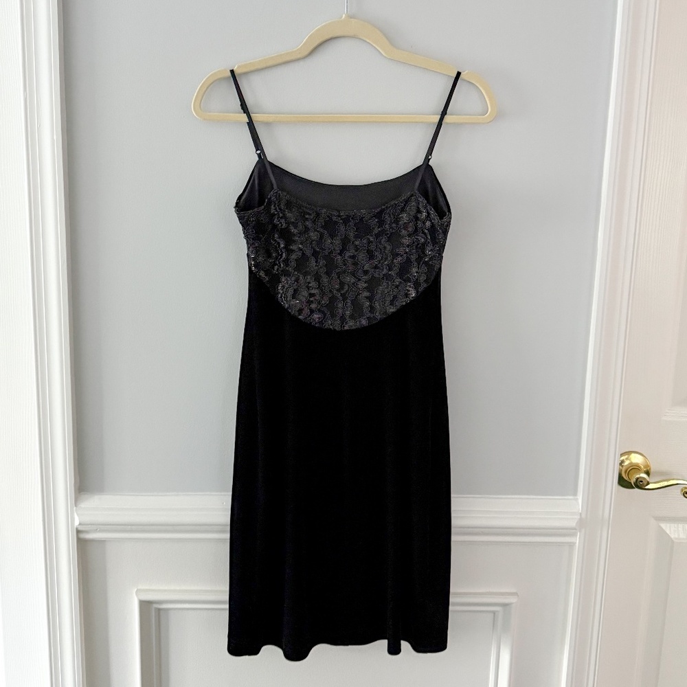 Vintage 90s Black Velvet Slip Dress with Iridescent Lace Back